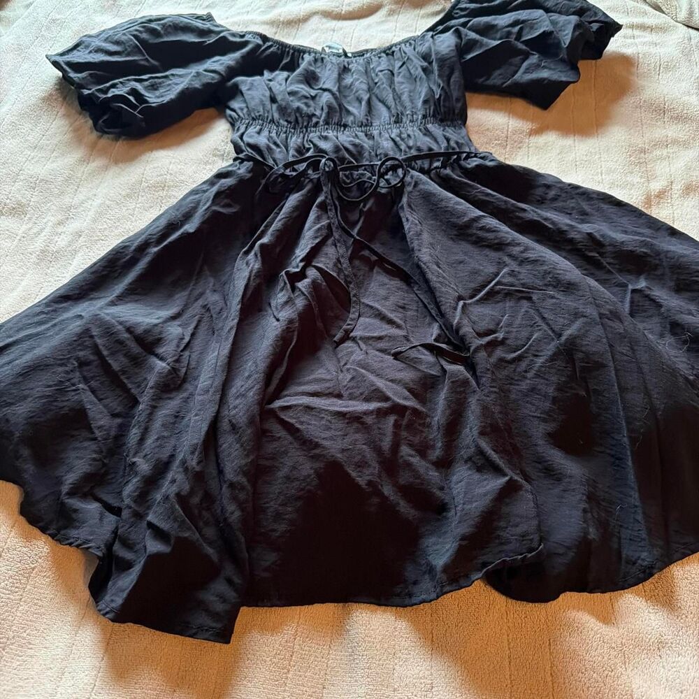 Midnight Doll Smocked Waist Puffed Sleeve Mini Dress Black  Size S